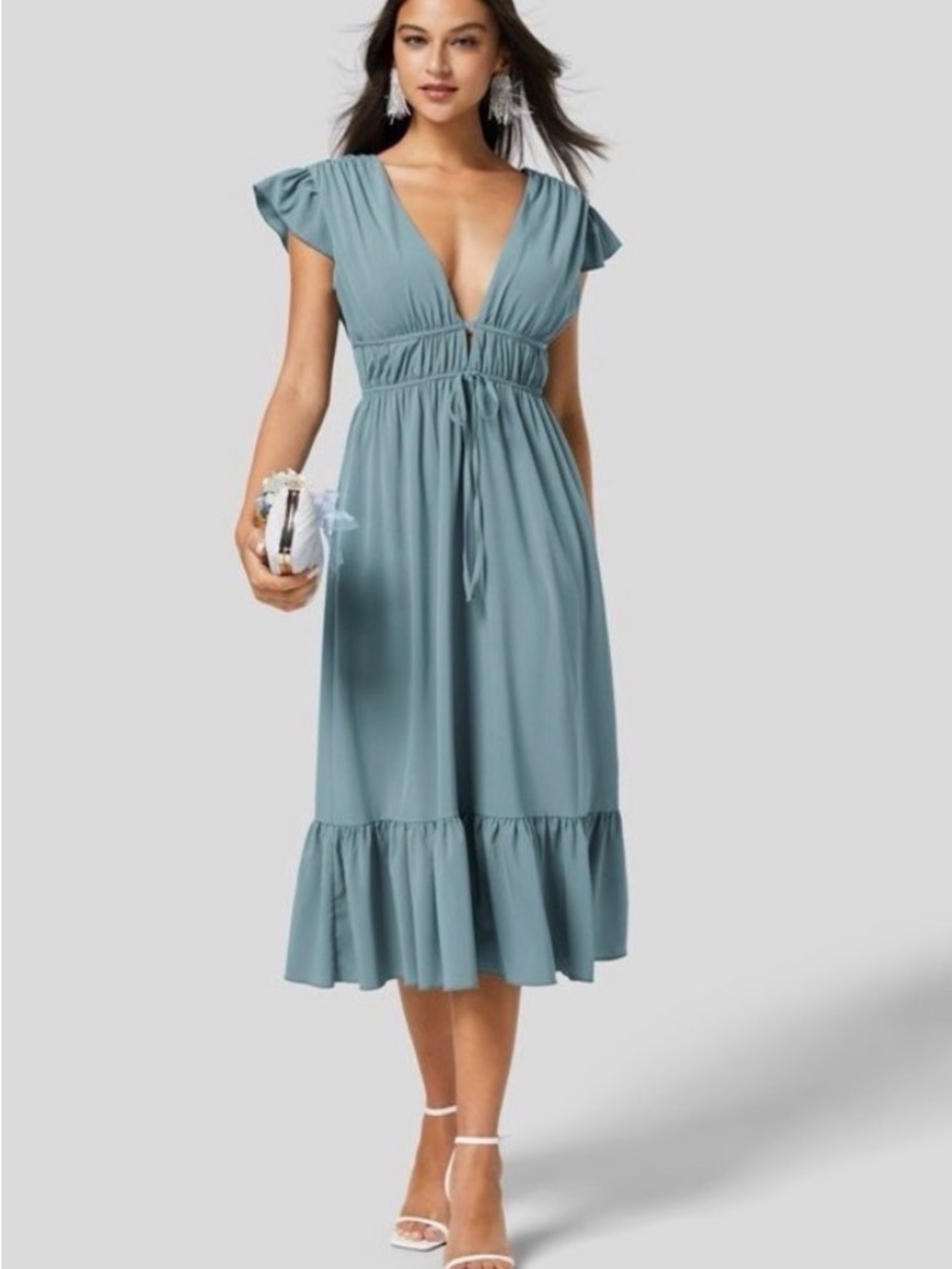 HALARA Dusty Blue Midi Dress with Ruffle Hem